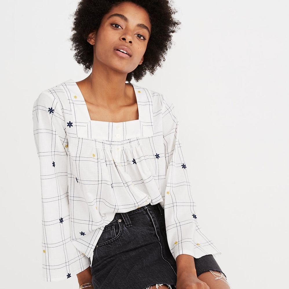 Madewell Windowpane Squareneck Top Small EUC